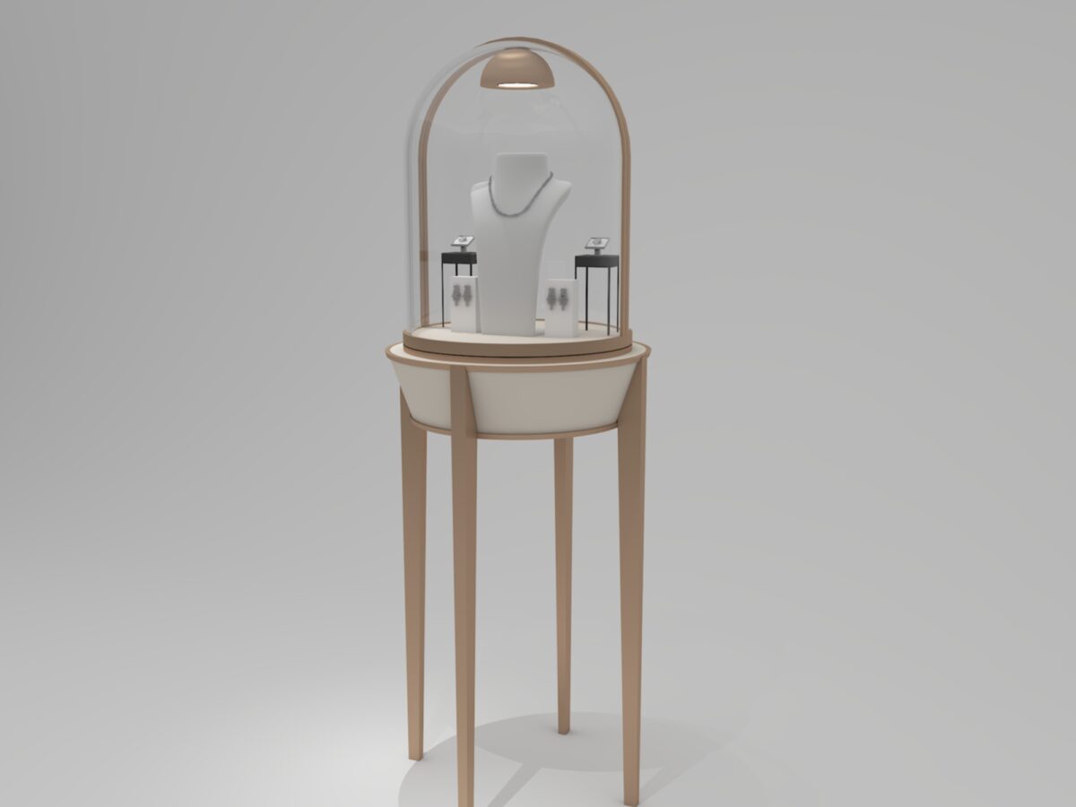 Vitrine à bijoux sur pieds hauts en verre cintré