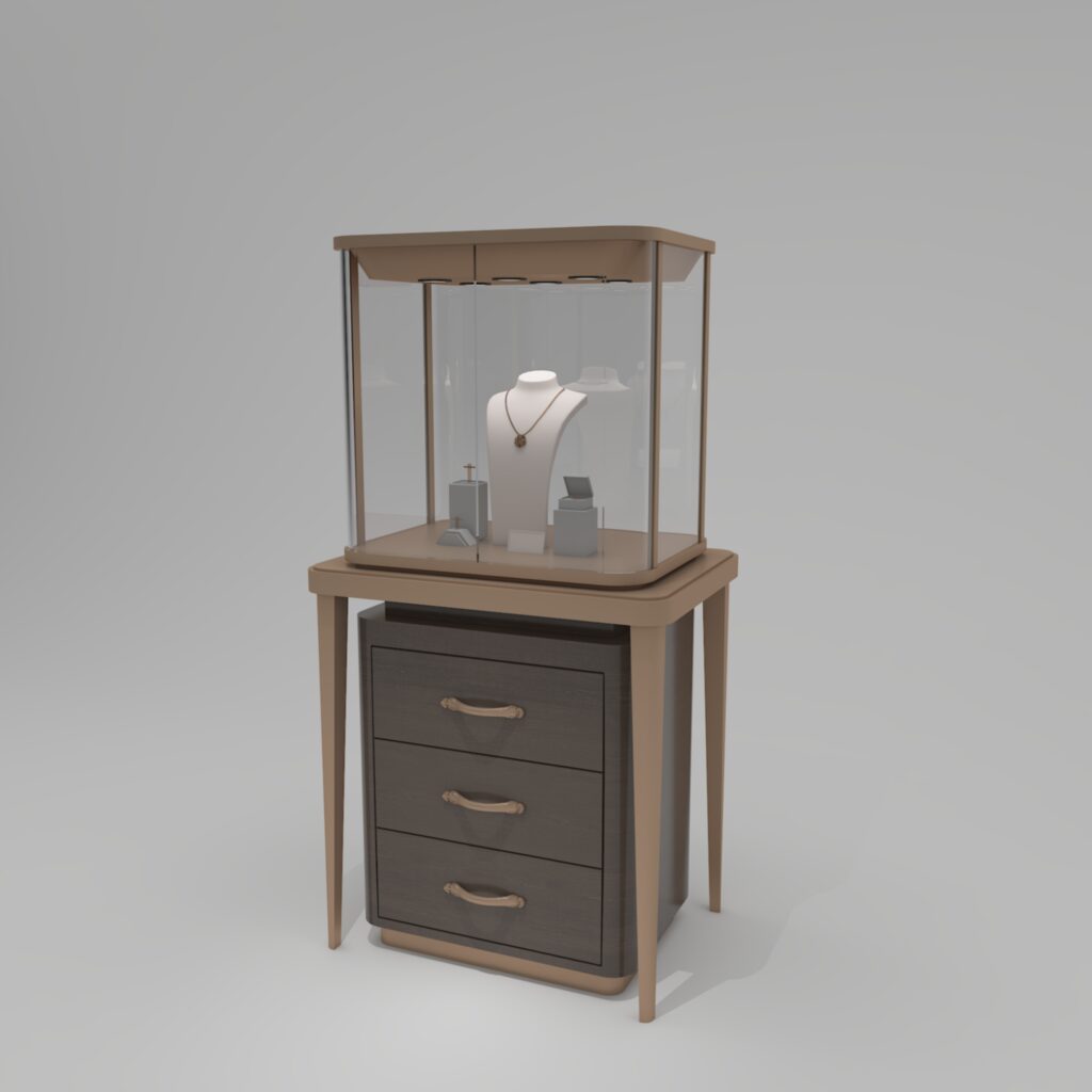 Ce rendu 3D du présentoir à bijoux en bois sert à l'annonce en ligne, à la communication client et à l'aperçu de devis de son allure & agencement