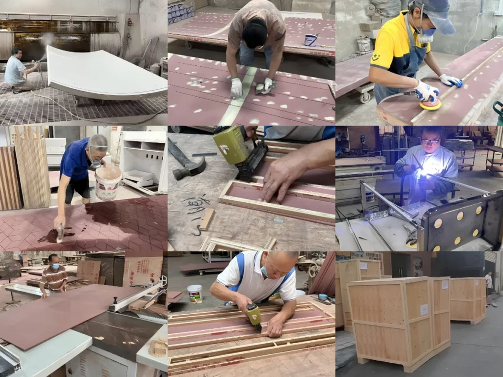 Savoir-faire dans l'usine Libafang : ponçage, polissage, soudage, travail du bois et emballage pour l'export sous un contrôle qualité strict