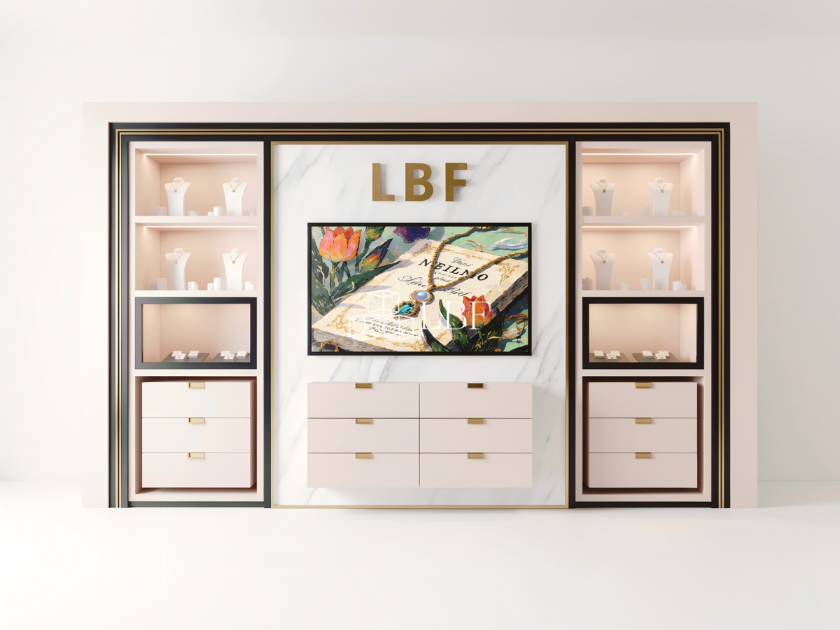LBF Système d&rsquo;armoire murale d&rsquo;exposition moderne de luxe pour bijoux avec vitrine LED personnalisée